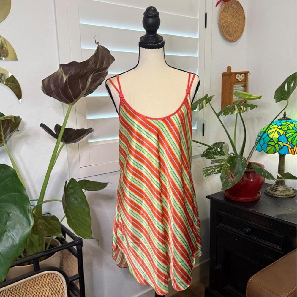 Vintage Y2K Striped Satin Mini Slip Dress Open Back Large